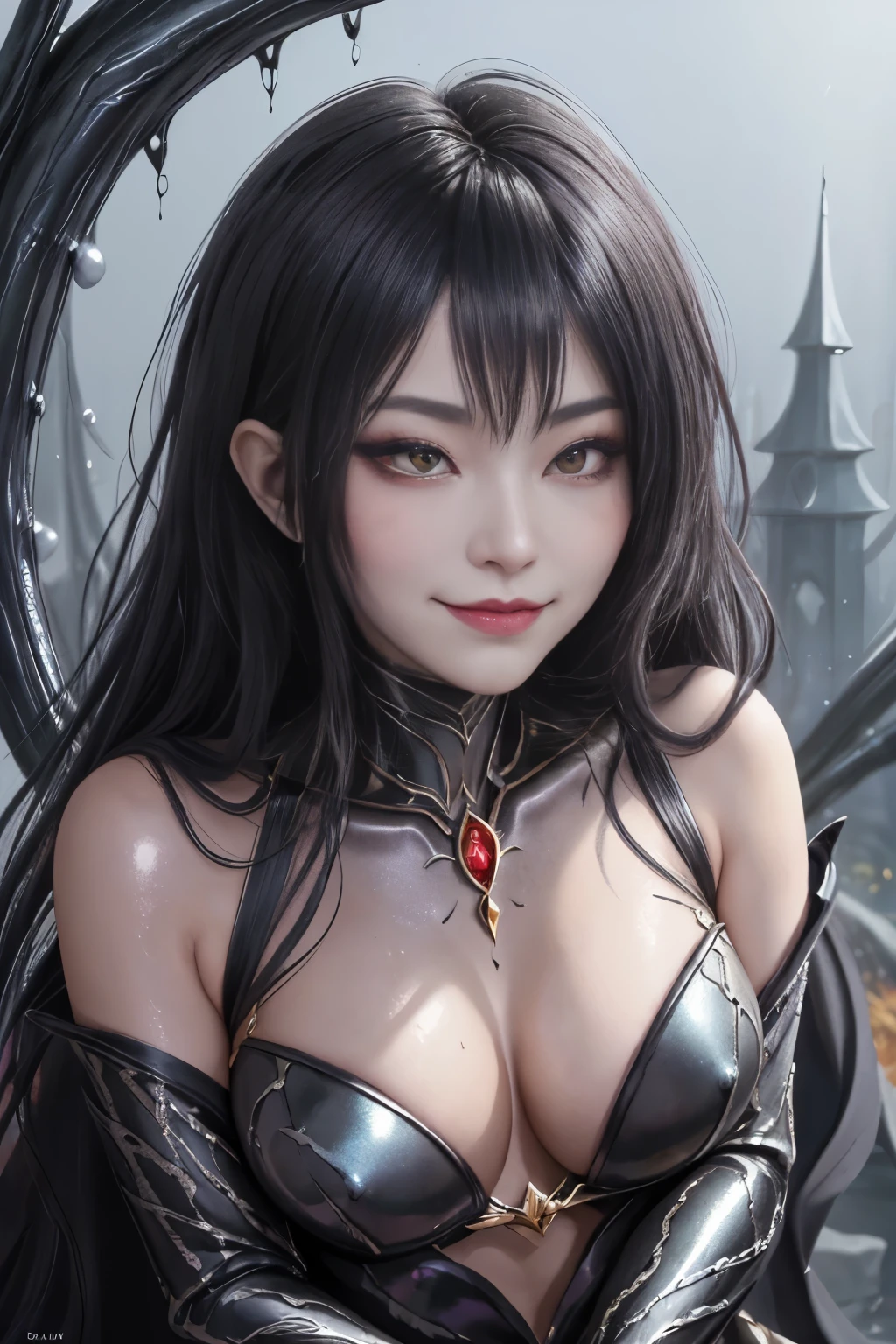 arcane arachnid lady, elise the spider queen, league of legends, arcane arachnid, fighting stance, ( body formed from metallic mauveine and metallic black liquid metallic paint twisting into a beautiful interpretation of the female figure), long sharp fangs, au naturel, ((complex metallic colours in the foreground)), (( fluid mechanics, the loveliest smooth scale face makeup, smirky expression)) - dark blood, onyxia