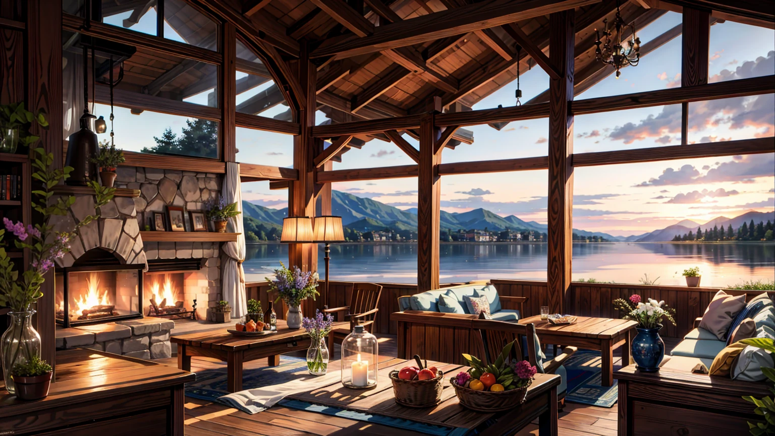 Painting of lake house, Lakeside view,sparkling ,bench,table, fireplace ,pot,Area rugs,Beautiful scenery,Calm lofi atmosphere,stream,4k HD, cloud,Beautiful art UHD 4K, A beautiful artistic illustration, Beautiful digital painting, Highly detailed digital painting, Beautiful digital artwork, Detailed painting 4k, Highly detailed digital painting, The colors are brilliant and rich, Gorgeous numbers