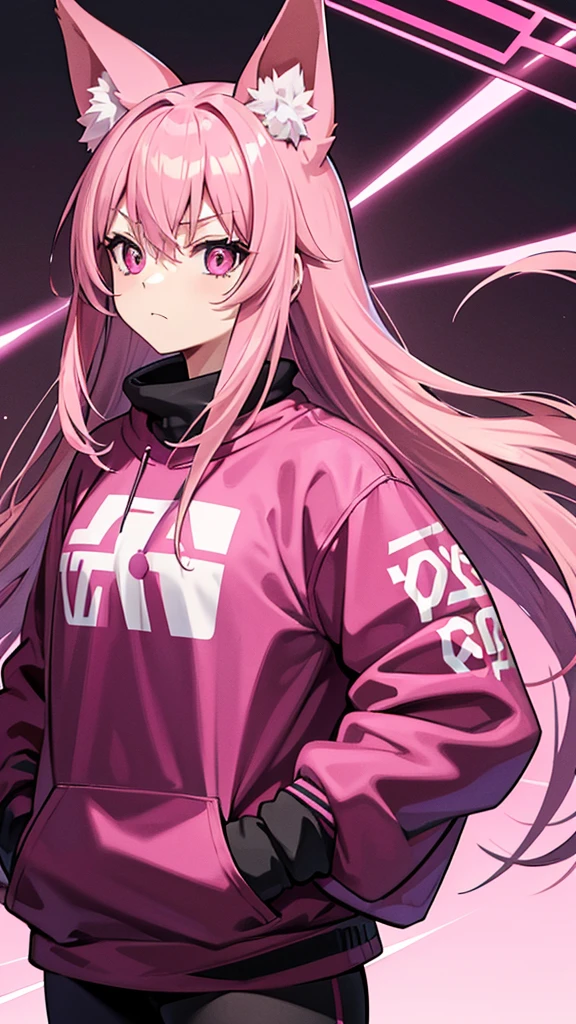 Magenta pink haired woman with pink fox ears, pink eyes, black clothes,Black kangaroo sweatshirt, hands in pockets, front view and serious expression, black clothes.