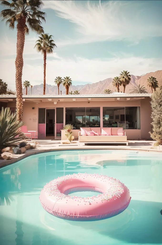 There is a swimming pool,There is a pink inflatable ring in the middle, palm springs, Next to the pool, Pink Frosted Donuts, Fantasy Pool Room, Desert Oasis, Inspired by Rabbit Yeager, Paradise in the background, Mid-Century Modern, Mid-Century Modern, Summer atmospheres, Tropical swimming pool, Gucci Kitsch Aesthetics, next to a Tropical swimming pool, Summer atmosphere