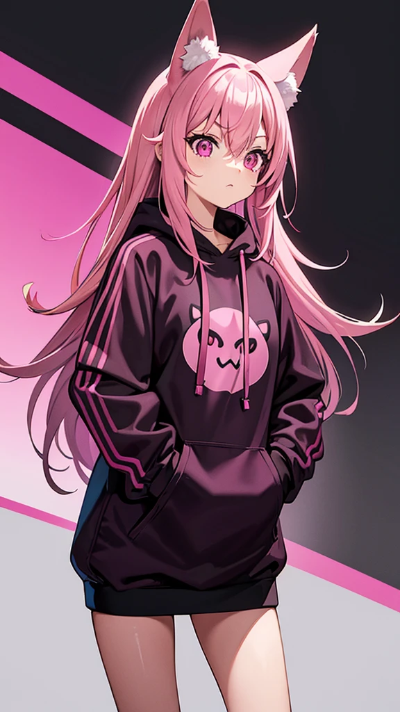 Magenta pink haired woman with pink fox ears, pink eyes, black clothes,Black kangaroo sweatshirt, hands in pockets, front view and serious expression, black clothes.