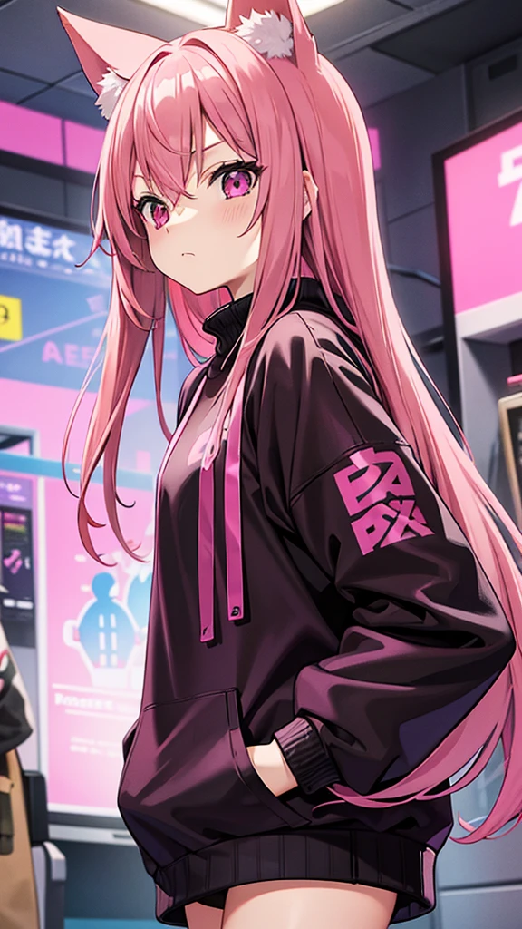 Magenta pink haired woman with pink fox ears, pink eyes, black clothes,Black kangaroo sweatshirt, hands in pockets, front view and serious expression, black clothes.