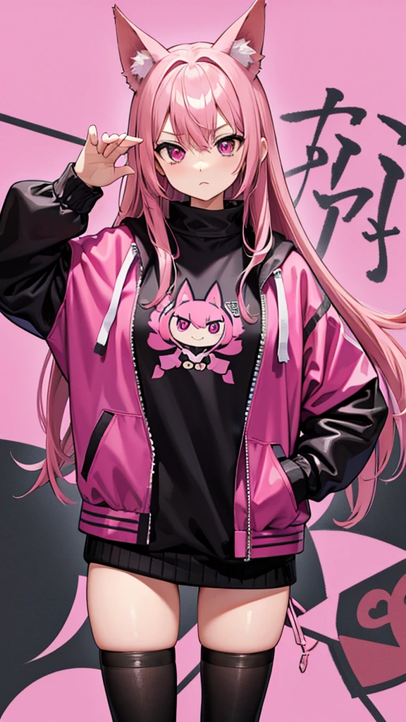 Magenta pink haired woman with pink fox ears, pink eyes, black clothes,Black kangaroo sweatshirt, hands in pockets, front view and serious expression, black clothes.