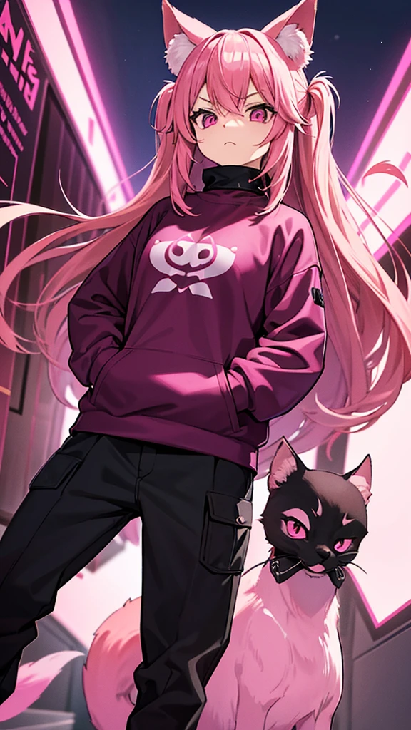 Magenta pink haired woman with pink fox ears, pink eyes, black clothes,Black kangaroo sweatshirt, hands in pockets, front view and serious expression, black clothes.
