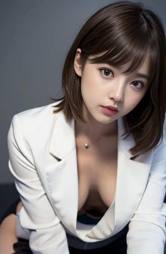 (Detailed skin:1.2),(Shiny skin:1.1),8k,highest quality, masterpiece, Ultra-high resolution,(Realistic:1.4), RAW Photos,(Soft Saturation:1.3),(Fair skin:1.2),1 Female,fix,compensate,(lipstick:1.1),(eyeliner:1.2),
Brown eyes, View Viewer, (オフィスレディsuit), Sit on the bed, Brown Hair, Medium Hair, Messy Hair, Asymmetrical bangs, Black jacket, blush, White collared shirt,Long sleeve, ,Half-undressed, suit, Big Breasts, formal, smile, Sharp focus,Moody lighting, Blue Hour, Japanese Idols, 20-year-old, expensive, Glamour,