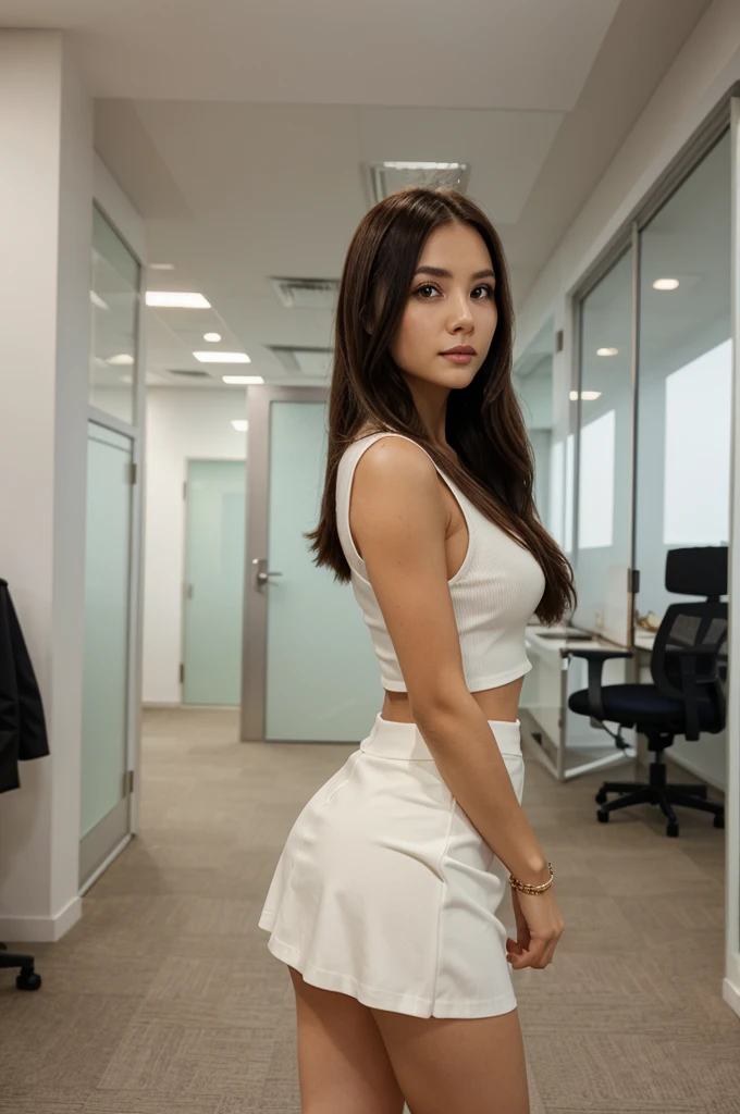 1girl in, 30 years old, Square face, Long hair, Looking at viewer, jewelry, Reality, Sexy, Short skirt outfit, , office background, free pose