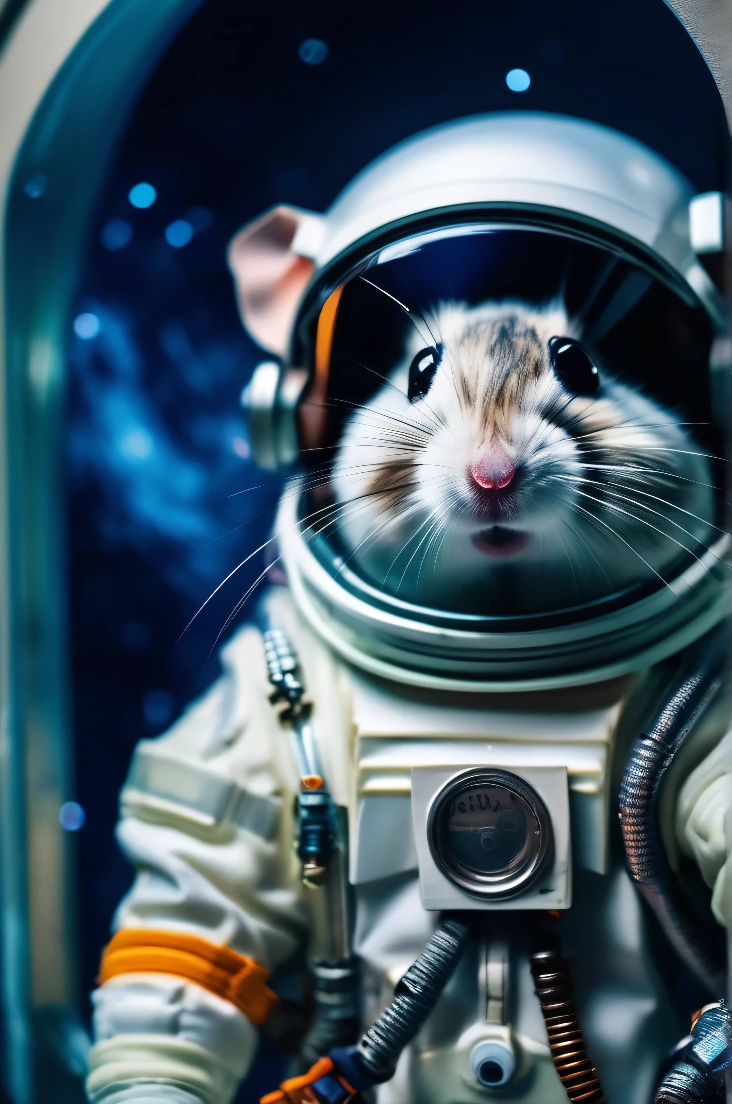 RAW Photos, delicate, highest quality,Hyper Detail, In detail, 8k, 32k, masterpiece,(Ultra-high resolution:1.2),Grey Djungarian hamster in a space suit、The breath is depicted in white.、It's snowing、Take a helmet、The mission to the moon is ready, In the snowy forest、Cloudy Trees々and crunchy, cold,Hide in burrows and tree holes,Rim Light