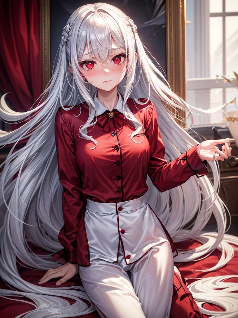 a woman with long silver hair, red eyes((like ruby)), medium breasts, sexy body,((pajamas)), long sleeves((buttoned))((detail)), graceful position((gallant)),, With ((cold gaze)),((Blushing )),((shy girl))