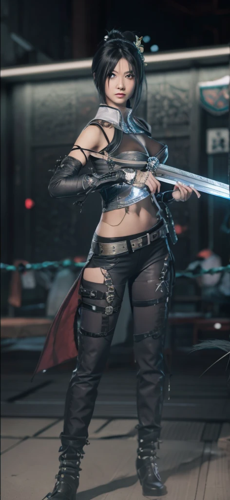 a close up of a person in a costume with a sword, as a character in tekken, female character, tifa lockhart with white hair, katana zero video game character, lunar themed attire, kda, slim body, cyborg - girl with silver hair, upper body avatar, (( medium breast;1.2)), fashion gameplay screenshot, fighting game character, new character, floralpunk elysian maiden, sigma female