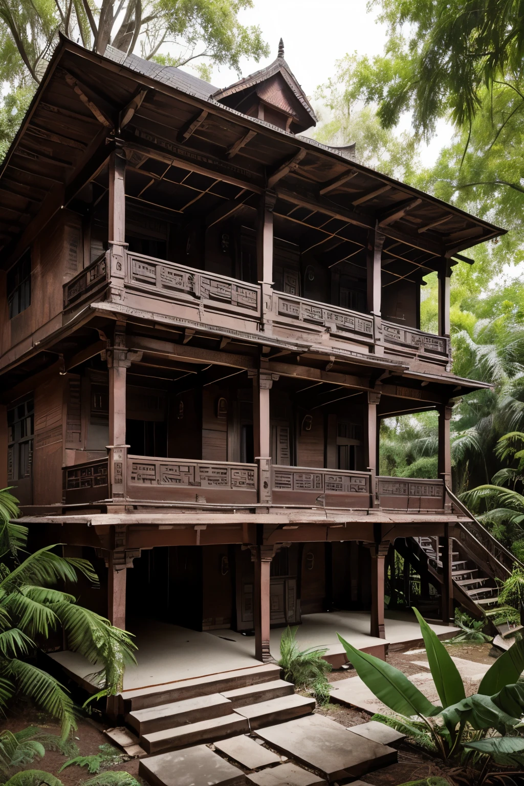 "Create an image of an Indian home influenced by the themes of Kalyug. The design should reflect a blend of traditional Indian architecture with a dark, dystopian twist. Incorporate elements like intricate carvings, ancient symbols, and rustic materials. The environment should convey a sense of decay and chaos, with overgrown vegetation, crumbling structures, and a subdued, eerie color palette. Include modern elements that contrast with the traditional, highlighting the struggle between the past and the present."