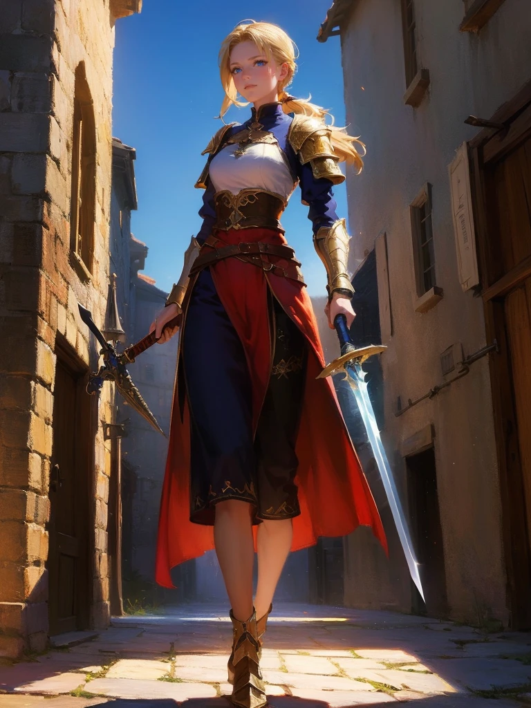 masterpiece, best quality, rpg character art, epic fantasy art style, 1 woman, Emily, 18 year old woman, mature and confident demeanor, full body fantasy concept art, blond hair in a ponytail comes down to her mid-back, crystal blue eyes, high detail, fantasy medieval style clothes (very light armor, sword at her waist), attire is modest but feminine, intricate details, ultra high resolution, sharp focus, HD, 8k, clear facial features, clear details, background is a medieval fantasy village, moving towards viewer