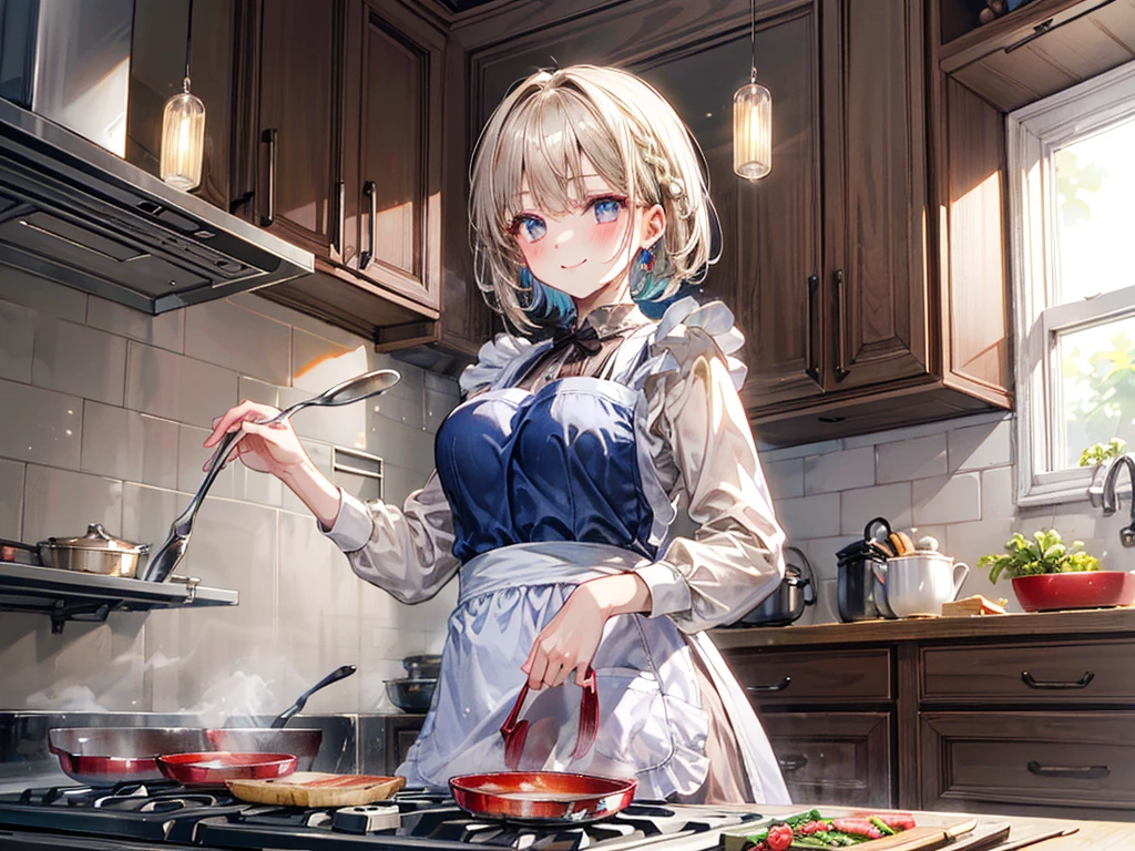 (Best quality, 8k, 32k, Masterpiece, UHD,:1.2),RAW, human, 1girl,ultra cute , ultra cute, natural lighting, transparent shining eyes, 20yo, medium breast ,femur, fair complexion , flushed face, ,Homemade Country Dress,long-sleeved dress in muted colors, Handmade apron for practicality and style, sturdy fabrics like cotton, Happily Smiling, kitchen, cooking dinner, short hair, side braid, ((flambe))