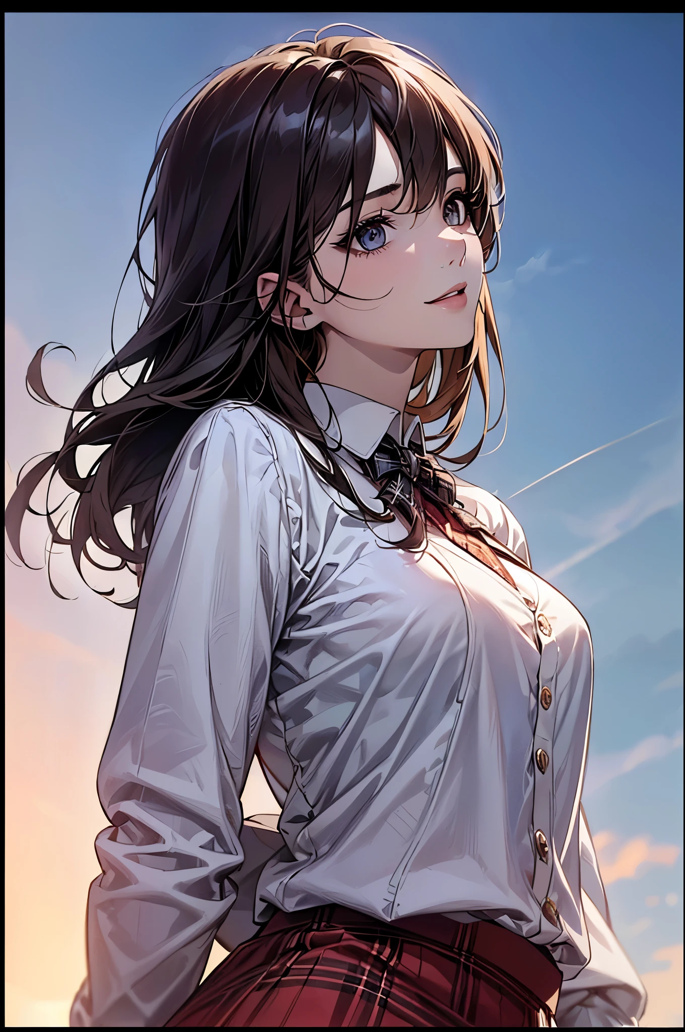 ((Biologically correct limb count))、((whole body including face))、4K、Masterpiece、((Focus on the face))、((Symmetrical, well-proportioned facial features))、Eyes with delicate depictions、(((1 person)))、Beautiful woman、Outstanding style、Slender Body、((skirt、Plaid uniform、shirt、(High heels)))、(smile)、(Close-up photo of the upper body)、High angle、Stop and look up、Photo with white border、、The background is a beautiful landscape