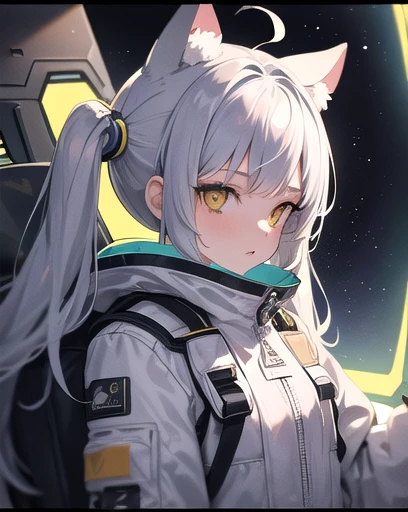 masterpiece, highest quality, One girl, Inside the spaceship, Spacesuit, Upper Body, From the side, SF, Yellow Eyes, Twin tails, Silver Hair, Cat ear, View Viewer,