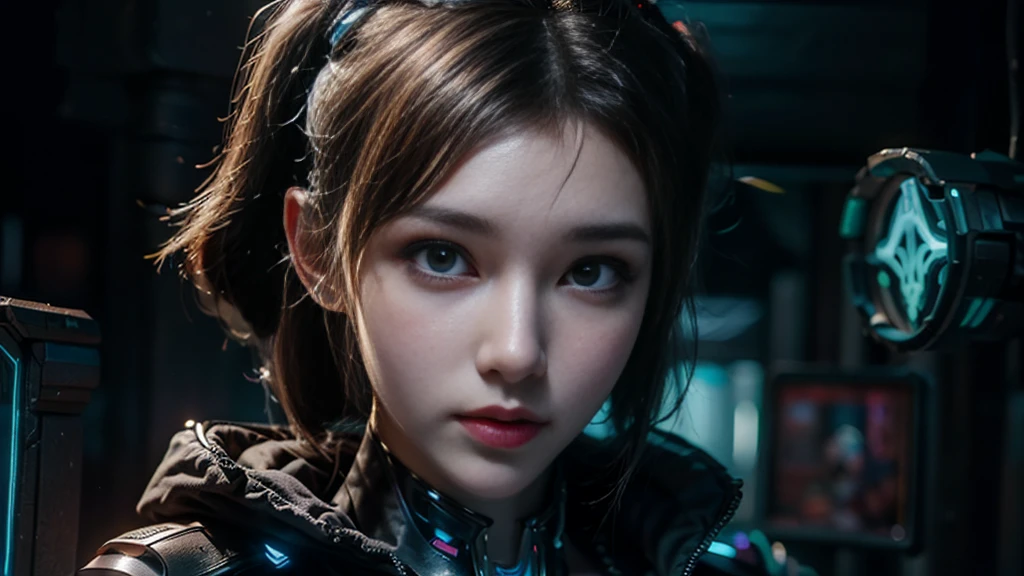 masterpiece,best quality,high resolution,8K,(Portrait Photos:1.5),(R Original Photo),The real situation,Digital Photography,(Combination of cyberpunk and fantasy style),(Policewoman),,Feel free to hairstyle,white hair,Purple Eyes,By Bangs,(red eye breasts, Accessories,shut your mouth,Elegant and charming,Serious and arrogant,Calm and handsome,(Cyberpunk meets fantasy style clothing,Hollow carving design,Large Breasts,Photo poses,Realistic style,Gray World Background,oc render reflection texture,futuristic city,Medium distance photography