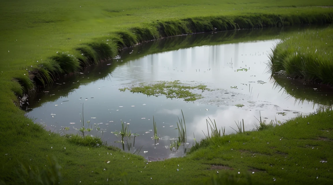 A lot of rain is falling on the mirror-like water surface and it keeps falling, grass is visible in places in the water surface like k is seeing, grass is wet with rain and has a lot of water drops on it (Photographic, Best Quality, High Quality, Highres:1.4), Detail, Extremely Detail, Ambient Soft Lighting, 4K, Background, Depth of Field,