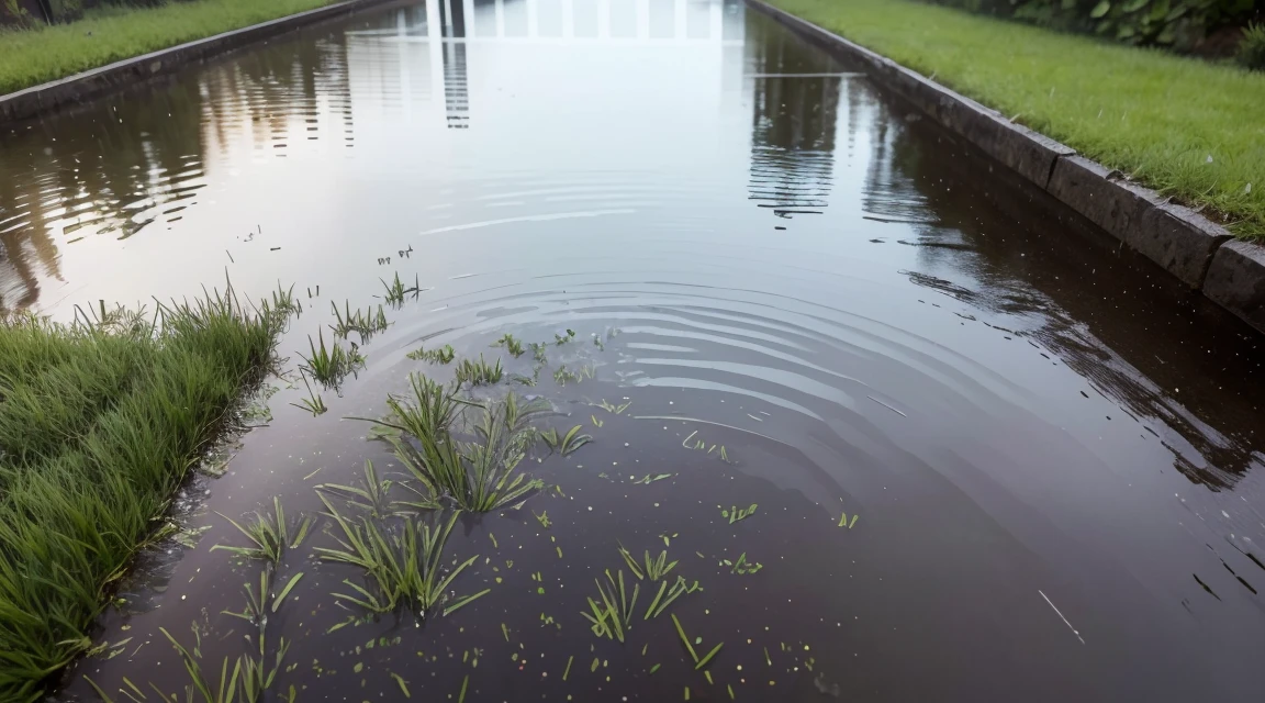 A lot of rain is falling on the mirror-like water surface and it keeps falling, grass is visible in places in the water surface like k is seeing, grass is wet with rain and has a lot of water drops on it (Photographic, Best Quality, High Quality, Highres:1.4), Detail, Extremely Detail, Ambient Soft Lighting, 4K, Background, Depth of Field,