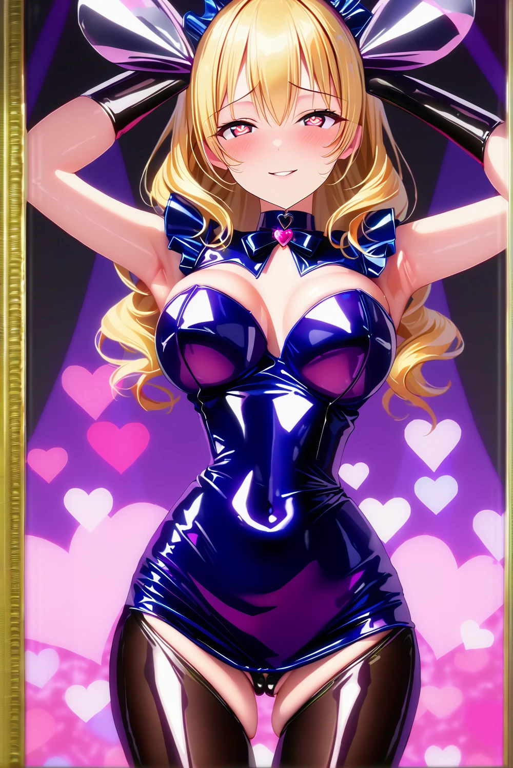 masterpiece, best quality, 1girl,blonde hair,Sui, (finely detailed heart shaped pupils and detailed face),,cowbody shot,lovestruck,extremely detailed picture unity 8k wallpaper,solo,(latex maid costume:0.9),glamour body,seductive smile,latex thighhigh