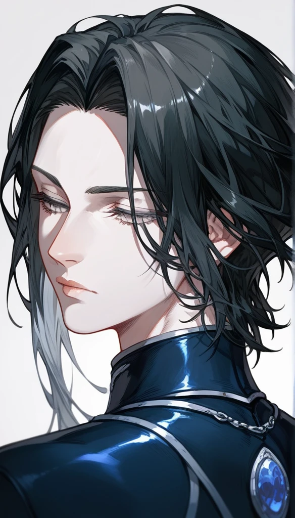 masterpiece, Score_9, Score_8_up, Score_7_up, rear view, 1 man, alone, black hair with silver, layered hair cut, gray eyes, half-closed eyes, lips parted, expressionless, pale skin, bodysuit top, black background, best quality, Castlevania.