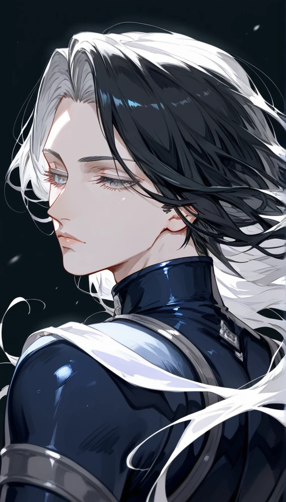 masterpiece, Score_9, Score_8_up, Score_7_up, rear view, 1 man, alone, black hair with silver, layered hair cut, gray eyes, half-closed eyes, lips parted, expressionless, pale skin, bodysuit top, black background, best quality, Castlevania.