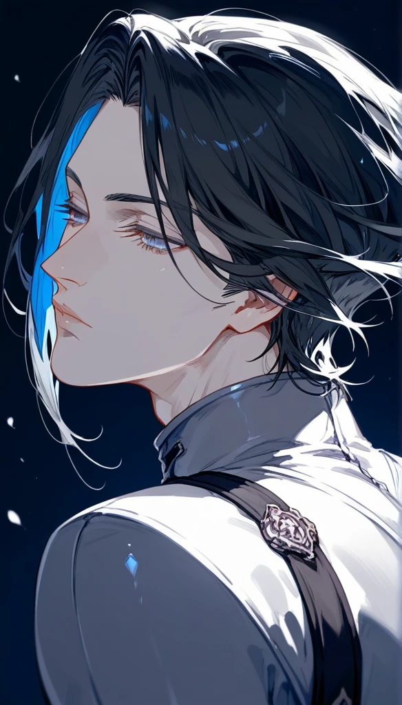 masterpiece, Score_9, Score_8_up, Score_7_up, rear view, 1 man, alone, black hair with silver, layered hair cut, gray eyes, half-closed eyes, lips parted, expressionless, pale skin, bodysuit top, black background, best quality, Castlevania.
