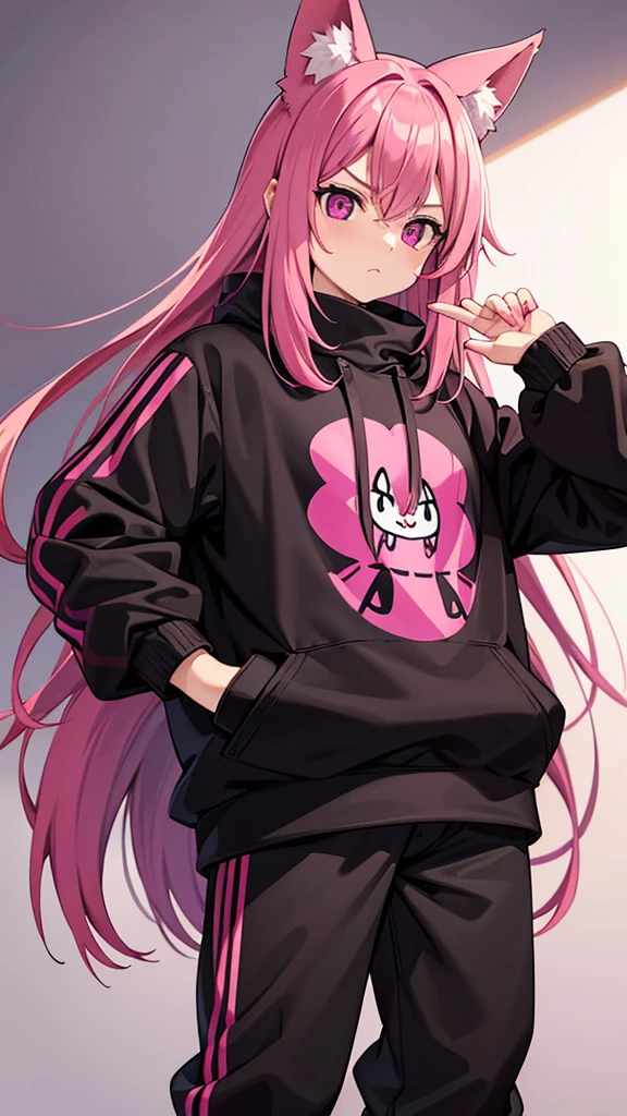 Magenta pink haired woman with pink fox ears, pink eyes, black clothes,Black kangaroo sweatshirt,black thick fabric pants, hands in pockets, front view and serious expression, black clothes.