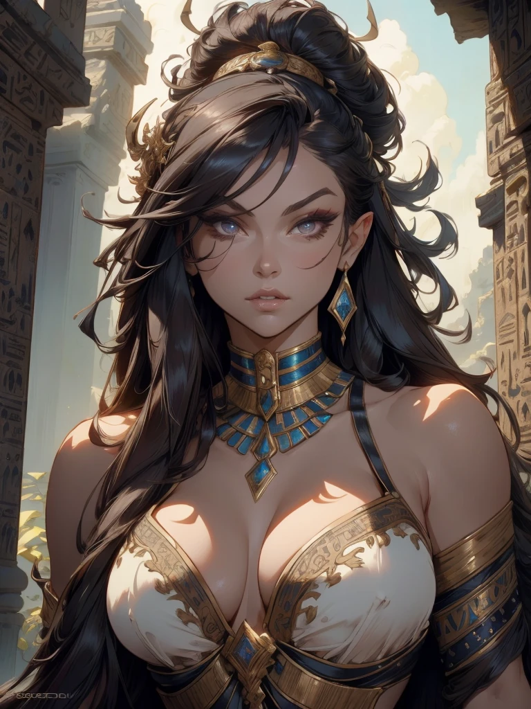 a beautiful dark elf girl in an egyptian setting, detailed face with seductive gaze, delicate features, large breasts, intricate jewelry and clothing, dramatic lighting, fantasy art style, cinematic composition, highly detailed, 8k, photorealistic