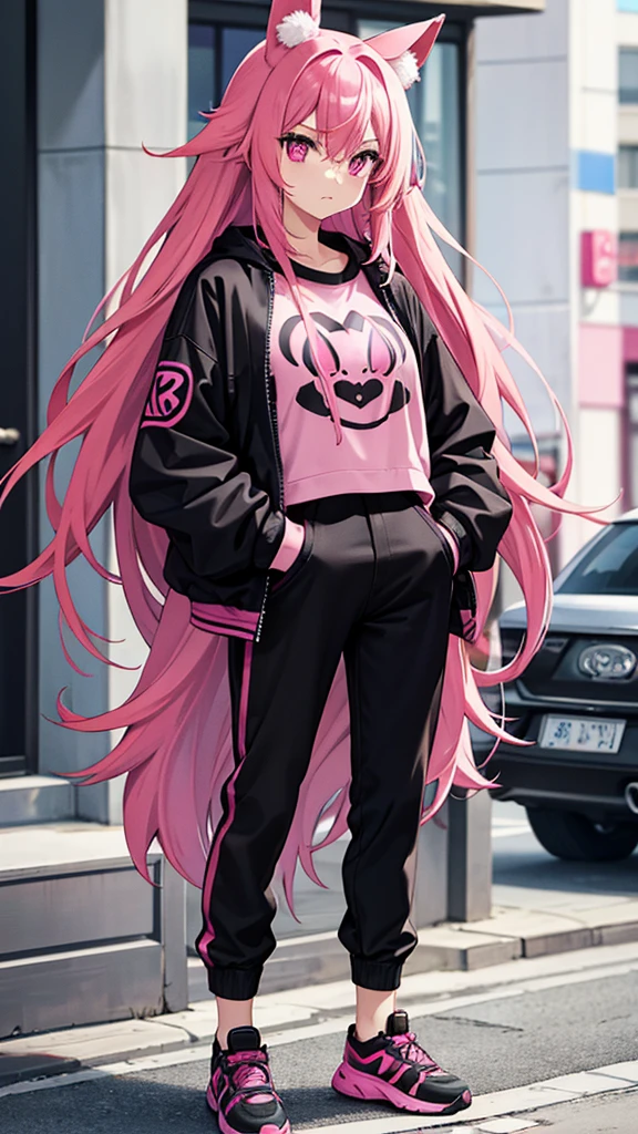 Magenta pink haired woman with pink fox ears, pink eyes, black clothes,Black kangaroo sweatshirt,black thick fabric pants, hands in pockets, front view and serious expression, black clothes.
