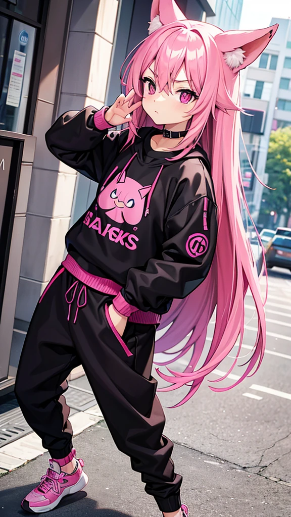 Magenta pink haired woman with pink fox ears, pink eyes, black clothes,Black kangaroo sweatshirt,black thick fabric pants, hands in pockets, front view and serious expression, black clothes.