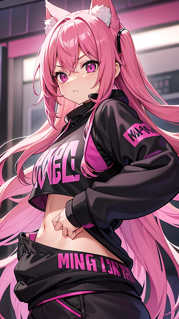 Magenta pink haired woman with pink fox ears, pink eyes, black clothes,Black kangaroo sweatshirt,black thick fabric pants, hands in pockets, front view and serious expression, black clothes.