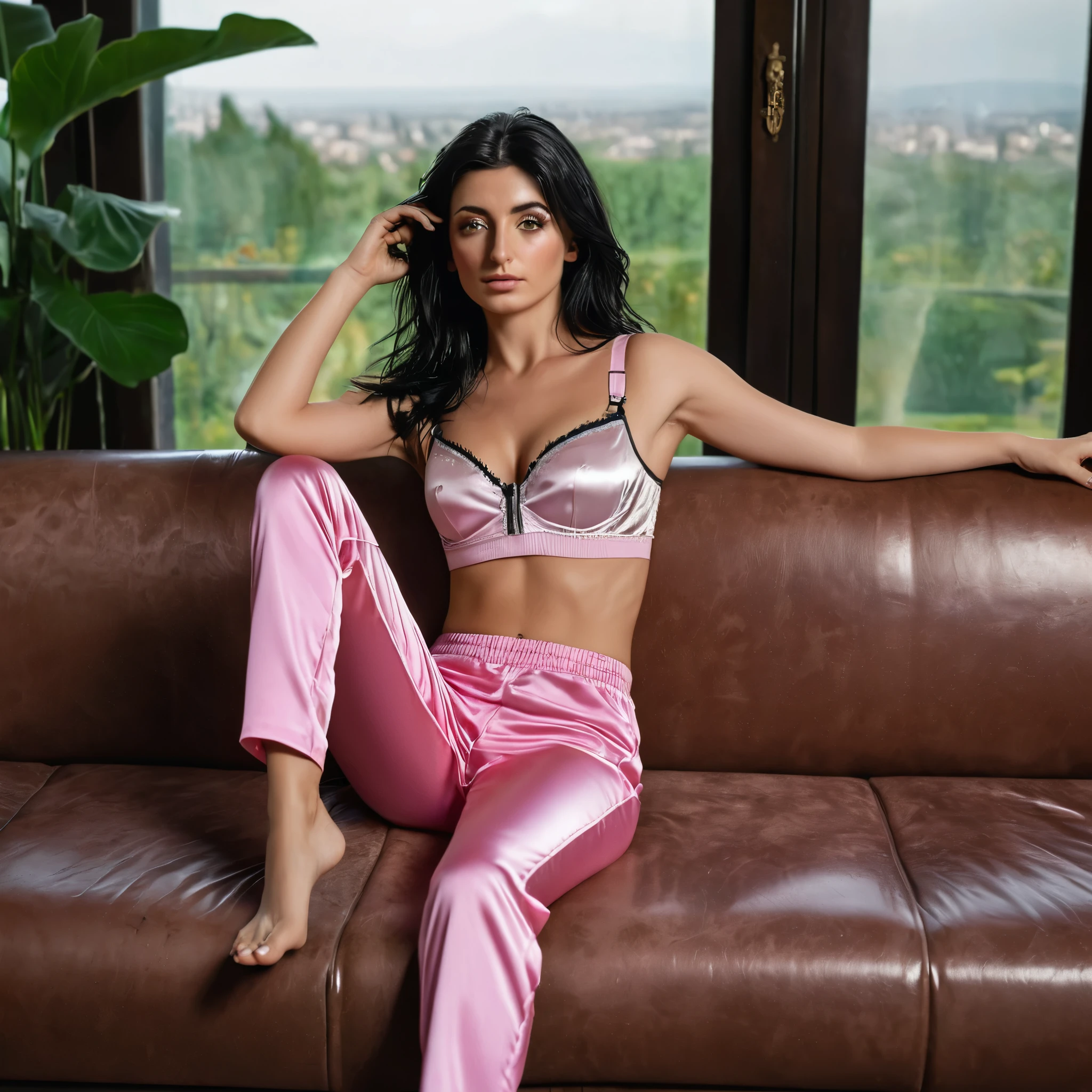 an athletics woman, face of Armenian woman, relaxing on a brown leather couch, wearing a baby Pink Silk bra, wearing baby pink silk pants, wet body, no shoes, hyper realistic, dark black hair, light green eyes, detailed skin, detailed eyes, realistic photo, not posed, not looking at the camera, photo quality, in an expensive house, with large windows