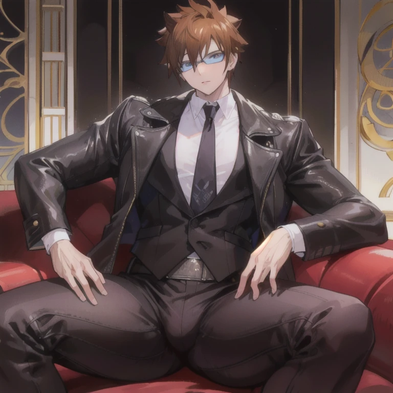 1boy, male focus, muscular male, nsfw, 3D, realistic, indoor, normal hue, central, golden ratio, sitting on the leather couch, sharp-featured body, tall, burly, highres, slender build, perfect anatomy, skin texture, thick dark buzzcut hair, see-through bangs, shallow eyebrow, symmetrical eyebrow, large bright eyes, symmetrical eyes, square gold-rimmed glasses, big straight nose, closed mouth, double-edged polearm, broad shoulders, noble attire, bdominal stretch, tight-fitting, leather collar, stand-up collared shirt, necktie, waistcoat, open thickened glossy dark leather jacket, six-pack abs, leather gloves, black trousers, leather belt, spreading long thin legs, large erect penis over 10 inches length and 3 inches width, erection, large scrotum with testicles, masturbation, high-heeled leather boots, soft smile, handsome, powerful, from front, looking ahead at viewer, day, masterpiece, best quality, hyper-detailed, intricate detail, professional photography, matte, bright, the most beautiful ever seen, post processing, dreamatic lighting, ambient lighting, epic composition, ultrawide shot, uplight, raytracing reflections, depth of field, gorgeous background