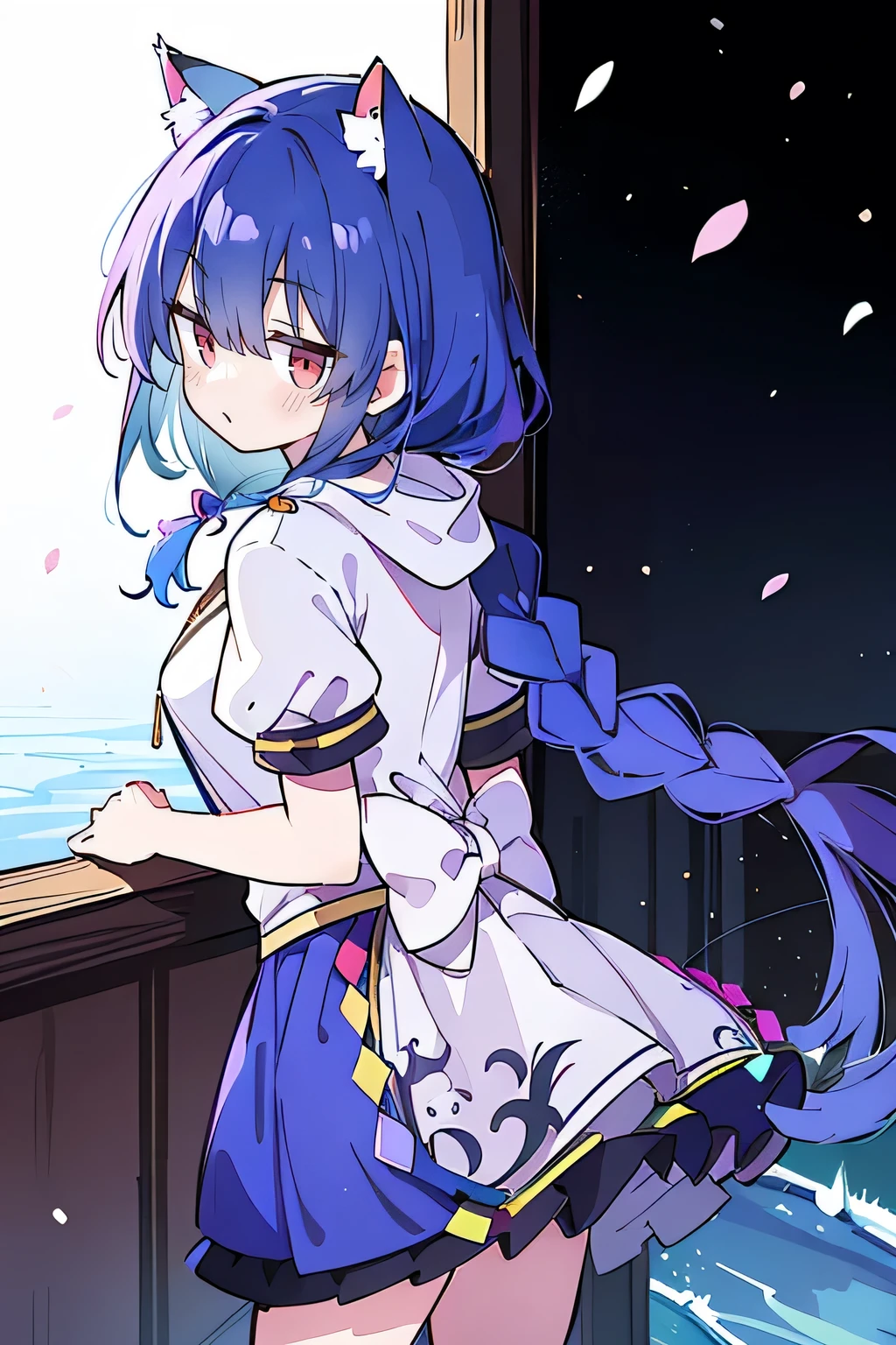 (masterpiece:1.2),Super detailed,lifelike,Expressive eyes,fair skin,perfect face shape,1 girl,
Japanese comics,Gorgeous blue hair,flowing blue hair,flowing clothes,Cat ears,Petals fall,beautiful lola,Baby Angel,
Shaking head with one hand,Cross your legs,Gentle and peaceful background,The pavilion is cool and comfortable,smile, wearing hoodie, background of tokyo,back views,snowing, winter,lie on the water.(Best Quality: 1.3), (Masterpiece: 1.3), (Illustration: 1.3), (Ultra Detailed: 1.3), (Imide Lens: 0.9), 1girl, Medium Breasts, Purple Eyes, ((Dark Blue Hair) ), hair accessories, young, clothing-gladiia, long hair, dark blue hair, indoors, black shorts, high socks, low ponytail, expressionless, upper body, close-up, coat, skirt,fgo style,like \(destiny\), like Adult, hair length, underwear, masterpiece, Top quality, 1 Girl, looking at the audience,(((braid)))、shameful face、Embarrassed face、Long body、huge 、