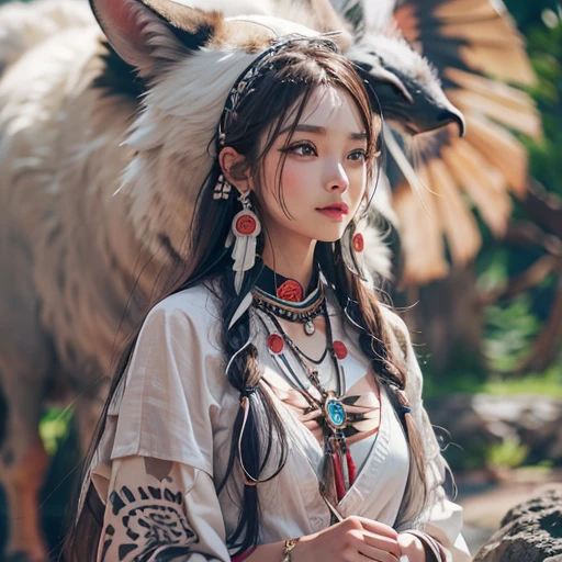 Shirakami-Sanchi、Hair flow、 ((highest quality、masterpiece、8k、Best image quality、Ultra-high resolution、Award-winning works)、(Accurate anatomy:1.1)、(Look at me and smile:1.1)、Shining fair skin with Ultra-high resolution、The most detailed face、Ultra-high resolution detailed face、Ultra-high resolutionの髪の毛、(Ultra-high resolutionの煌めく瞳:1.1)、Beautiful face drawn in every detail、(Blurred Background:1.1)、Native American white costume, American Indian Clothing, Chest to chest, tattoo、A real giant condor next to you。Observe the white wolf