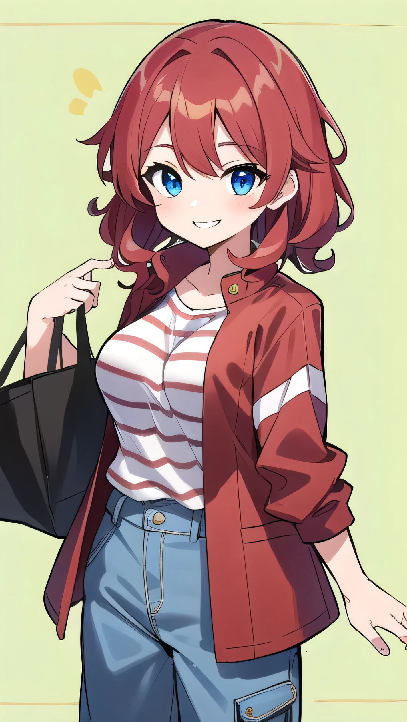 Big breasts, red hair, blue eyes, droopy eyes, red jacket, lsuper big breasts, (medium hair: 1.2), baggy clothes, young face, short height, 10 years old, shy,Agari, smiling a little, soft hair,(straight hair:1.5),childish clothes,striped shirt