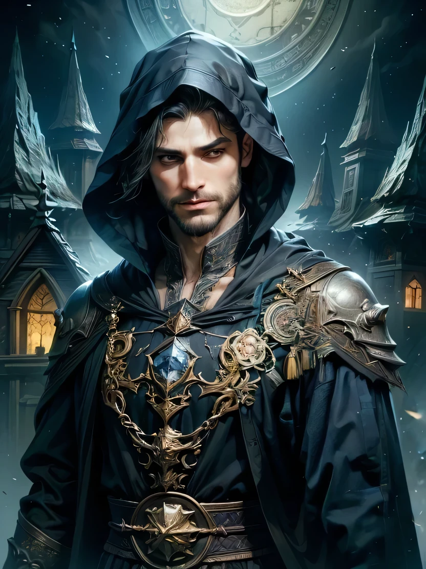 ((masterpiece、highest quality、Very detailed、High resolution、Realistic、Sharp focus))、Bust Shot、Focus on the chest up、Handsome young male wizard wearing a charming hood、(Black Hair、A calm face、Sharp Eye)、beard、Dark atmosphere、View your audience、Detailed depiction of the hand、oil painting、Wizardrope