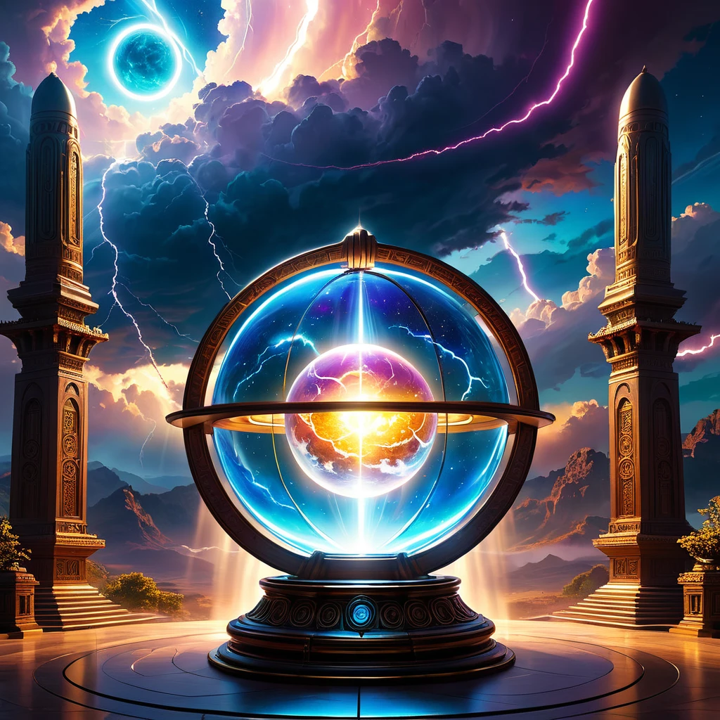 （Best quality，Photorealism：1.37），In a bright fluorescent paradise environment, like the clouds in heaven, a luminous sphere, rich in color, shining brightly all around, professional, intricate details, ambient lighting, oblique light., bright rim light , high contrast, wheel of time and space, rolling halo, epic thunder magic, magnificent totem, gorgeous mysterious magic light,