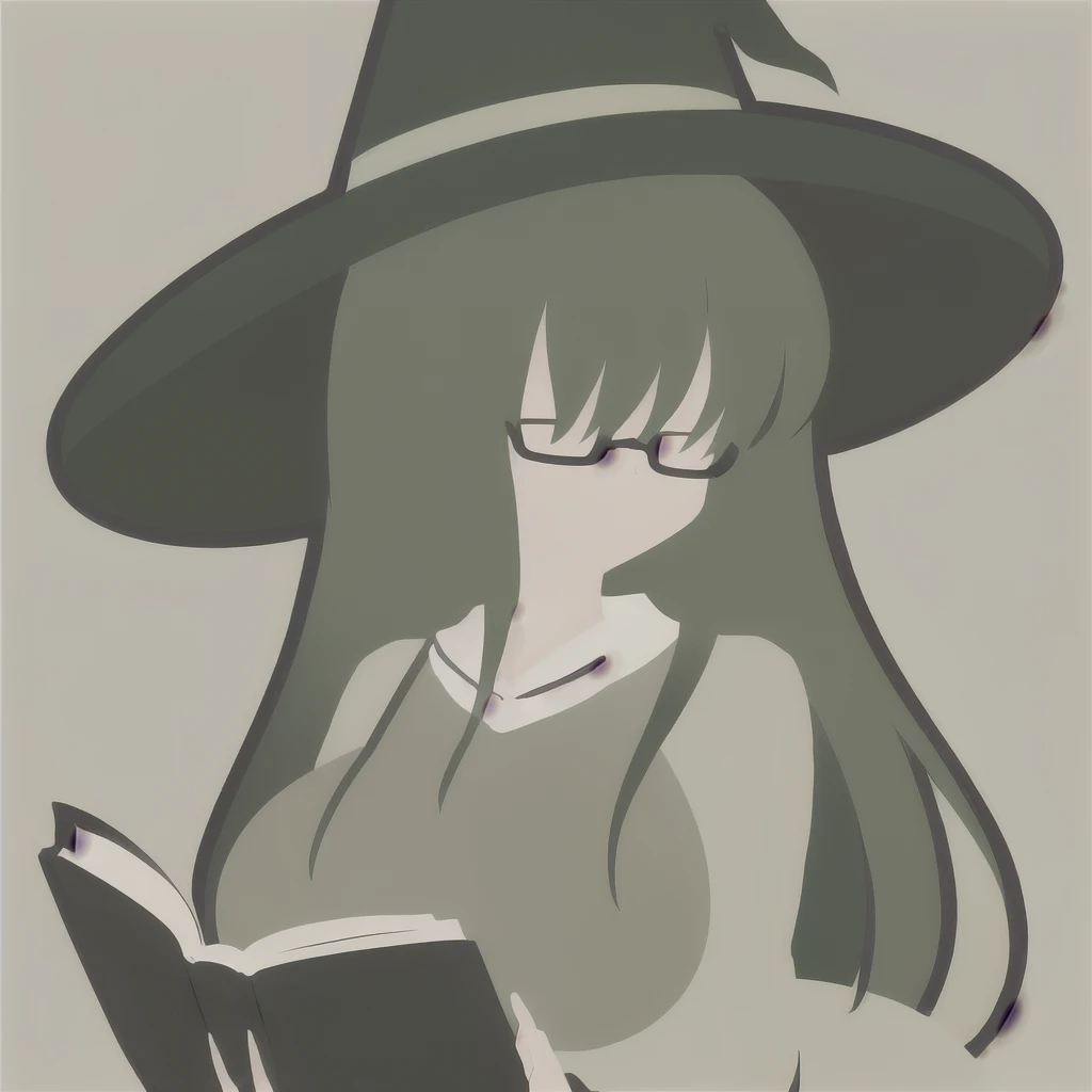 Anime Minimalist, One Girl, alone,Green Hair, Brown background, hair ornaments, librarian,Glasses,Have,Witch Hat,(Turned to the side:1.5),(Reading a book:1.3),(Big Breasts.1.7),(Huge breasts:1.1)