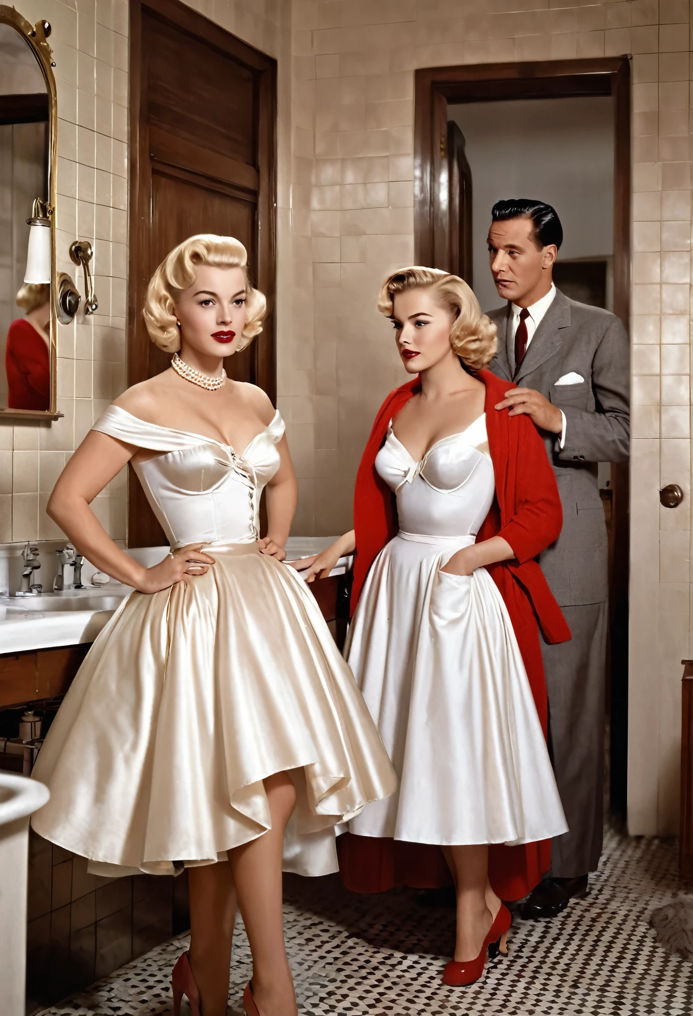 (RAW, Best quality, high resolution, Masterpiece: 1.3), Beautiful scene from the 1950s, ((Hombres y mujeres de los 50s)), ((With typical clothes from the 50s)), enjoying themselves at home in a luxuary bathroom, ((scenery set in a very big bathroom)), 1950s cinematic, image super defined, ((Personas y lugar Hiperrealismo)), 8k. The scene transports us back to the era of the 1950s, filled with classy women dressed in the fashion of that time. white silk, They are gathered around a nude blonde woman,the girls are wearing typical clothes from the 50s, low cut dresses, and sexy red underwear,