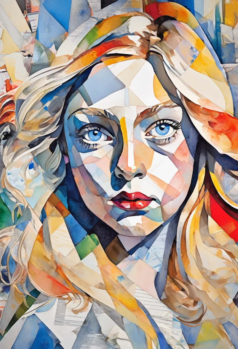 Sketched, watercolor paiting, Collage of Picasso and Robert Delaunay, cubism, Abstract, Cute daughter, big clear blue eyes, Little red cheeks, Blonde long-haired, Face-centric, Against the backdrop of newspapers and fashion magazines, Intricate Brushwork, high-level image quality, A breathtaking masterpiece