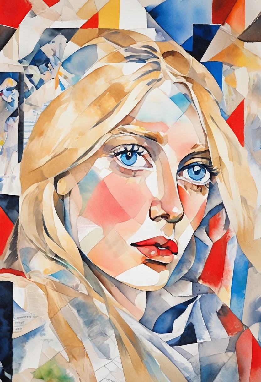 Sketched, watercolor paiting, Collage of Picasso and Robert Delaunay, cubism, Abstract, Cute daughter, big clear blue eyes, Little red cheeks, Blonde long-haired, Face-centric, Against the backdrop of newspapers and fashion magazines, Intricate Brushwork, high-level image quality, A breathtaking masterpiece