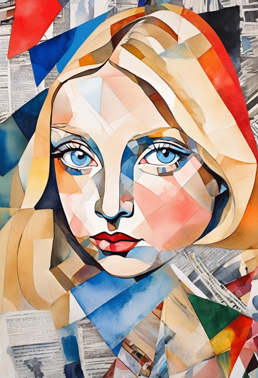 Sketched, watercolor paiting, Collage of Picasso and Robert Delaunay, cubism, Abstract, Cute daughter, big clear blue eyes, Little red cheeks, Blonde long-haired, Face-centric, Against the backdrop of newspapers and fashion magazines, Intricate Brushwork, high-level image quality, A breathtaking masterpiece