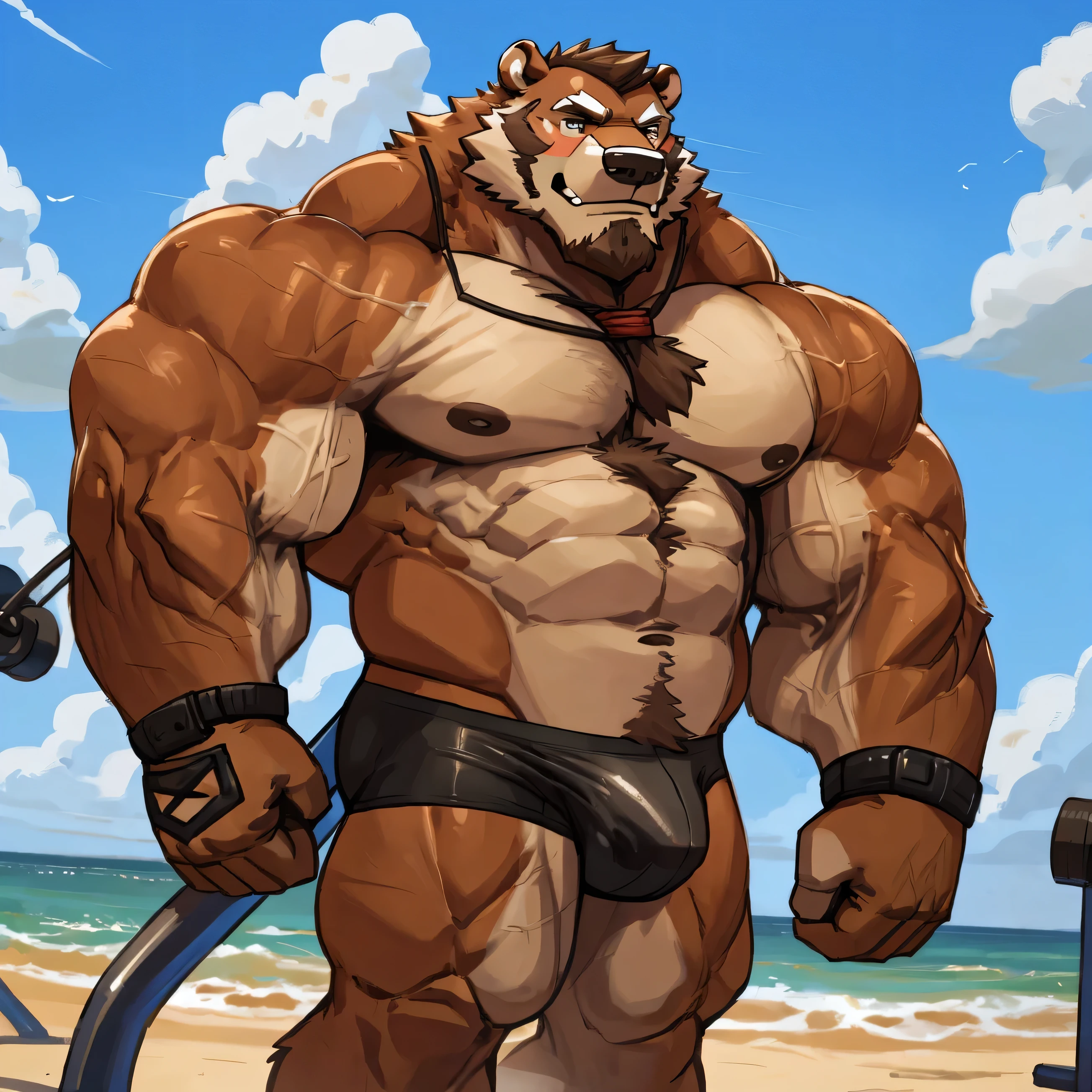 solo, 1boy, Huge Muscular Old Grizzly Bear wearing glasses , pectoral, huge pectoral, wide pectoral, brown fur, short brown hair, black competitive briefs, wristbands and shirtless topless, bearded, brown Mustache, muscle beach background, masterpiece, high detailed, 8k, high resolution, at the muscle beach working out on the cable crossover machine carrying over 100lbs and 45kgs heavy weights pulling the cable wires, pumping it up