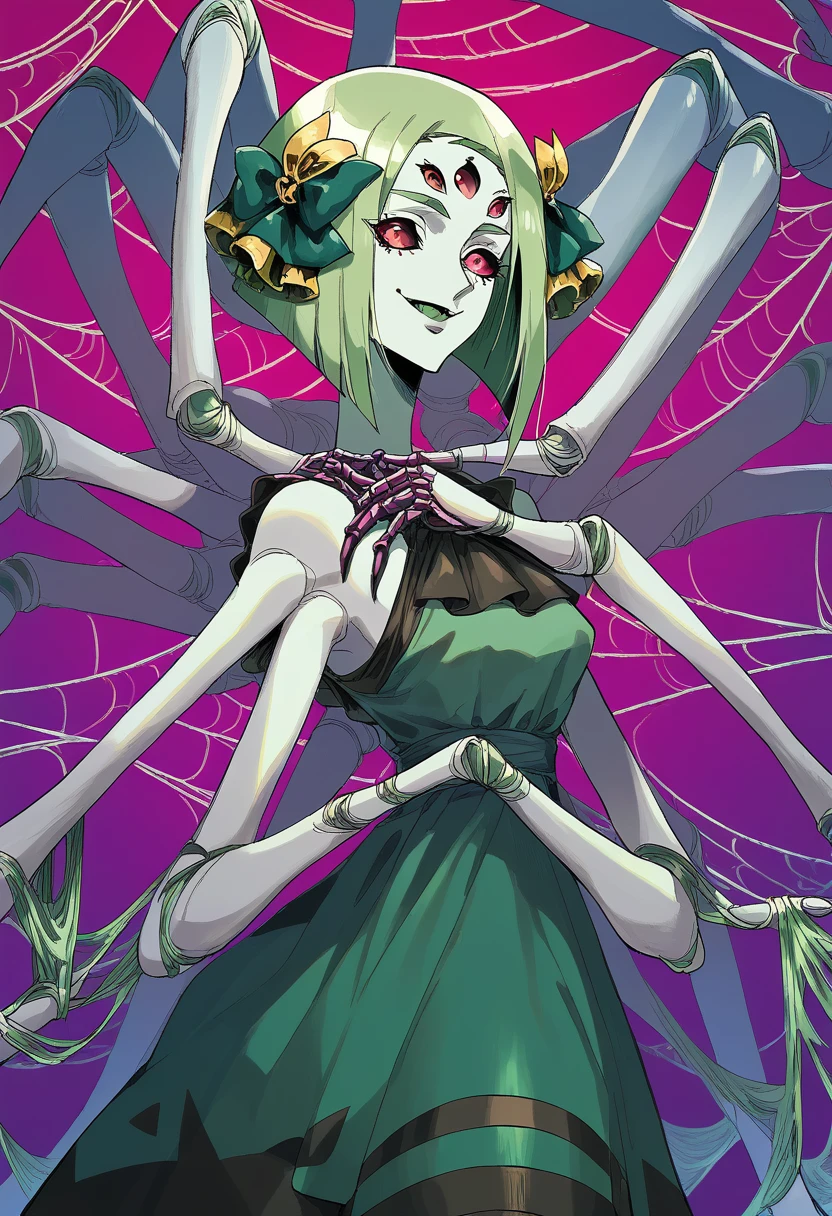 ((Masterpiece)), (((Top quality))), ((Ultra definition)), ((High quality face and limbs)), ((Arachne)), 1girl, sweet kind arachne girl, alone, young, soft little kid, 10 years old, pure youngster, semi human, egipan, monster musume, half spider body, spider legs, spider with big long legs and long arms to help it look scary, bright blonde long hair, green skin, green clothes, dress of spiderwebs, big green innocent eyes, smiling with delight, arachnid style, background filled with insects, main character, boss style, hades style, hadesstyle, hades2style, hades 2 style, Arachne, Arachnea, silk weaver, insects crawling, Tartarus background, background with beetle patterns, spider patterns, web patterns, centipede patterns