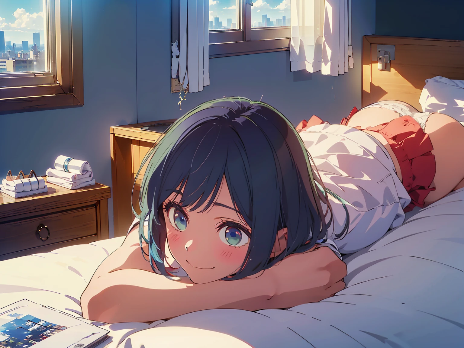 highest quality,8k,detailed,F cup bust、Big Breasts、Very cute face、Beautiful thighs、Best Beautiful Legs、Slim and beautiful arms、Slim body、Very white beautiful skin、((((1 person、looking at the camera、smile、Thin white bikini、smile、In the background are the urban buildings of Tokyo、Cheek resting on hand、Lie down on your side、Hotel room、Stick your butt out、Window、On the bed))))、I can see the deep blue sky、The atmosphere is very bright and lively.、The woman is at the center of the image。