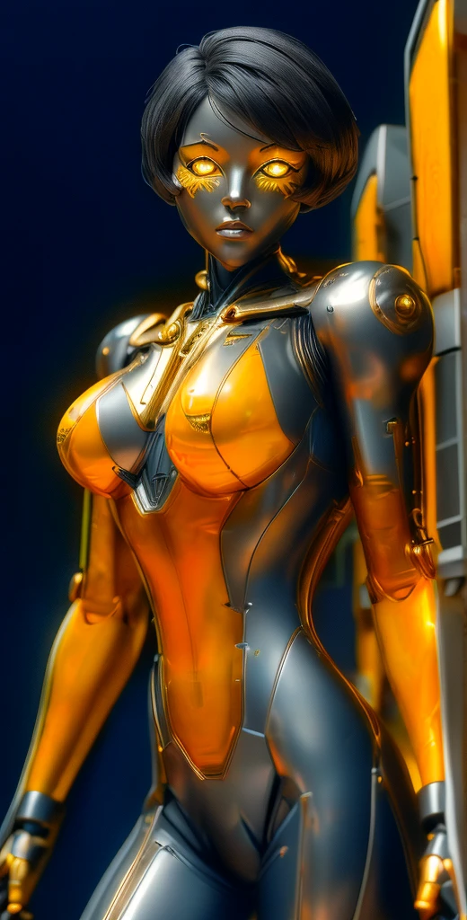 1 girl, solo, (look at viewer), ((Best quality)), ((masterpiece)), (detailed:1.4), ((upper body)), 3D, an image of a beautiful cyberpunk female,HDR (High Dynamic Range), Ray Tracing,NVIDIA RTX,Super-Resolution,Unreal 5,Subsurface scattering,PBR Texturing,Post-processing,Anisotropic Filtering,Depth-of-field,Maximum clarity and sharpness,Multi-layered textures,Albedo and Specular maps,Surface shading,Accurate simulation of light-material interaction,Perfect proportions,Octane Render,Two-tone lighting,Wide aperture,Low ISO,White balance,Rule of thirds,8K RAW, (((yellow eyes))), (((liquid metal black short hair))), AlexTS, (dark skin:1.2), yellow eyes, black hair, short hair, medium breasts, yellow bodysuit, belt, (( gold amor))
