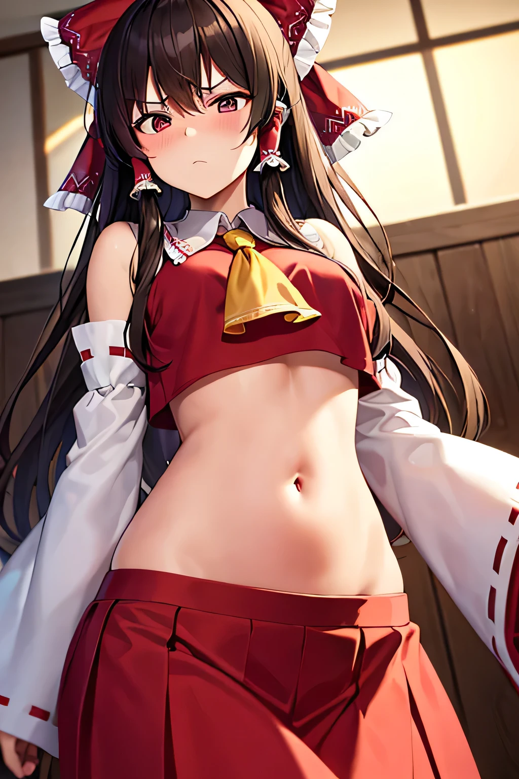 super fine illustration, vibrant colors, masterpiece, sharp focus, best quality, depth of field, cinematic lighting, ultra detailed, blush, annoyed, navel, belly button, tummy, hips, shrine maiden, hakurei reimu, 1girl, hair bow, ascot, hair tubes, detached sleeves, looking down, red shirt, red skirt, long skirt, long hair, dark brown hair, indoors, mature woman, crop top