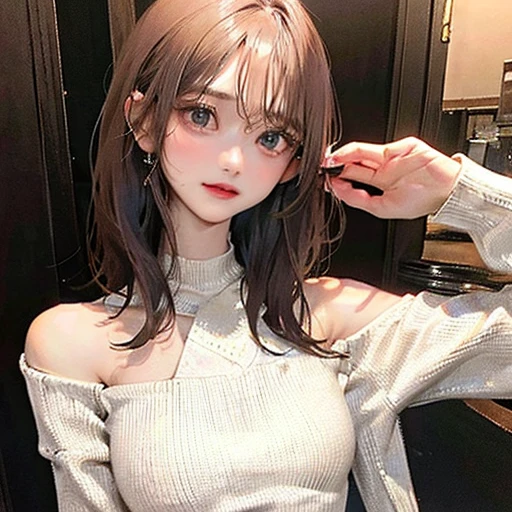 (highest resolution、clear_image)highest quality、woman、very detailed、semi-realistic、light cream hair、short hair、Long neckline、gray eyes、21 years old、shoulder length hair、mature、young、V-neck sweater、exquisite features、Cowboy Shot、Brown Eyes、Waist up shot