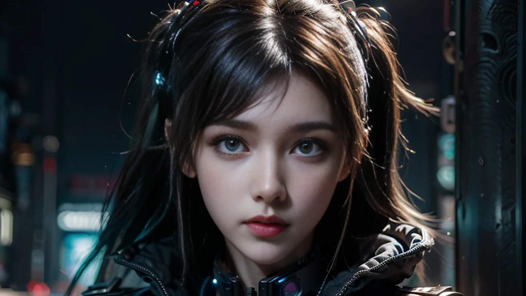 masterpiece,best quality,high resolution,8K,(Portrait Photos:1.5),(R Original Photo),The real situation,Digital Photography,(Combination of cyberpunk and fantasy style),(Policewoman),，Feel free to hairstyle,white hair，Purple Eyes，By Bangs,（Large Breasts）, Accessories,shut your mouth,Elegant and charming,Serious and arrogant,Calm and handsome,(Cyberpunk meets fantasy style clothing,Hollow carving design,Large Breasts，Photo poses,Realistic style,Gray World Background,oc render reflection texture，futuristic city，Medium distance photography