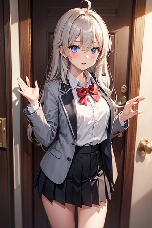 Aria, One girl, alone, Long Hair, blue eyes, Ahoge, bow, View Viewer, red bow, Jacket, bowtie, Long sleeve, chest, shirt, open Jacket, red bowtie, door, Cowboy Shot, collared shirt, indoors, , Gray Hair, Are standing, Open clothes, skirt, bangs, dress, grey Jacket, black dress, blush, pleated skirt, Lips parted, medium chest, pleated dress, white shirt, Hair between the eyes, white Jacket, Raise your hand, blazer, black skirt, Thighs, open door, corridor
